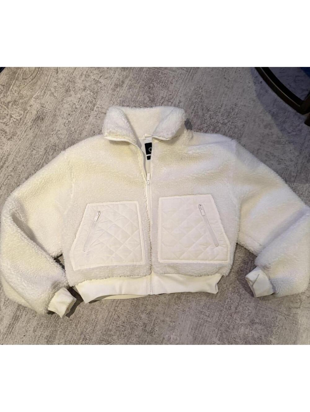 Excellent Alo White Sherpa Edge Fleece Zip-Up Jacket with Quilted Pockets M - Picture 3 of 7